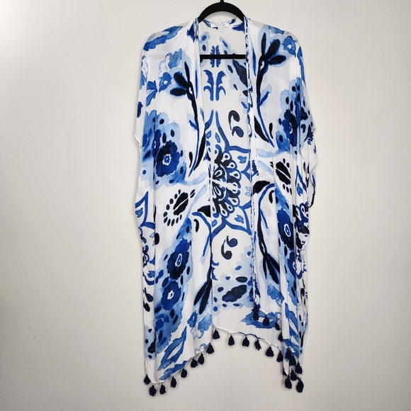 Tops - Blue and White Floral Kimono with Tassels